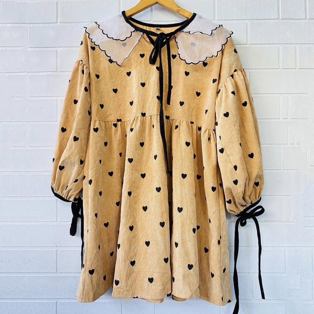 Kawaii Corduroy Puffed Long Sleeve Shift Mini Dress